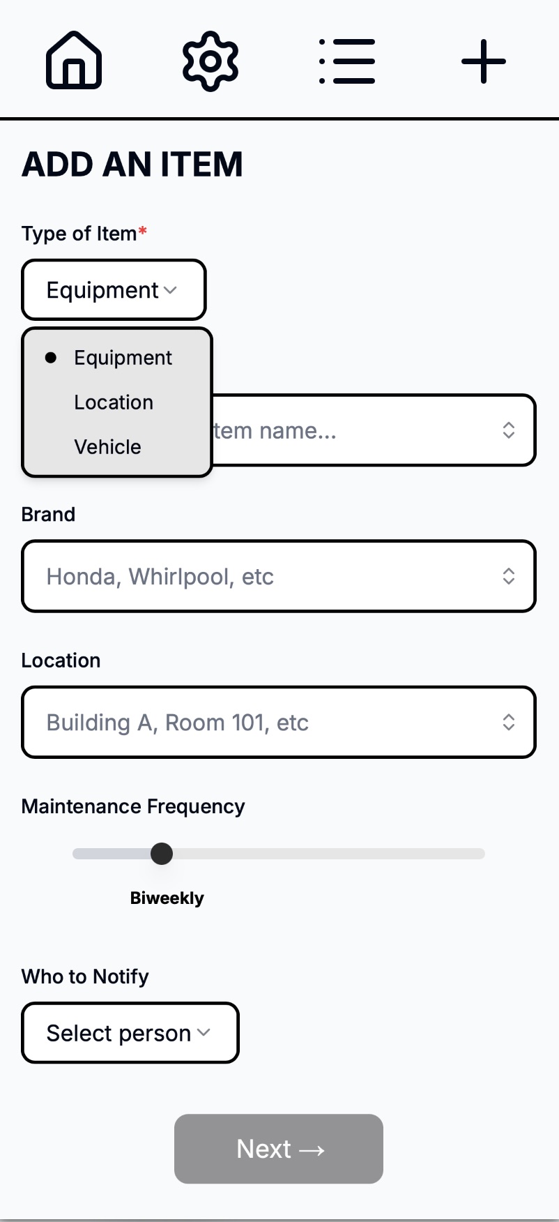 RMNDme add item form for quick equipment entry