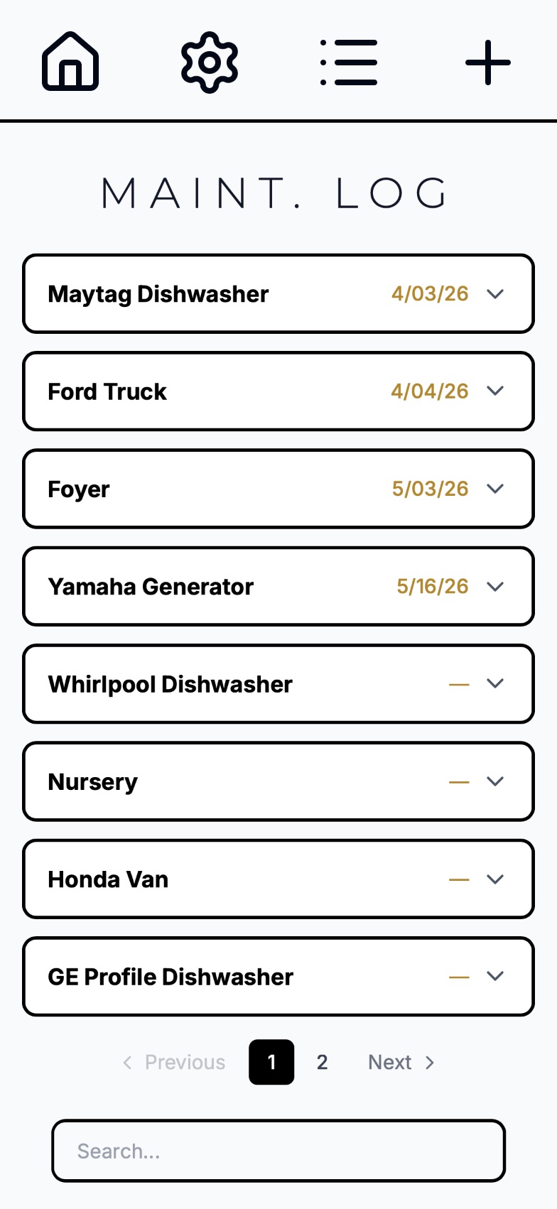 RMNDme maintenance log showing tracked items and service history