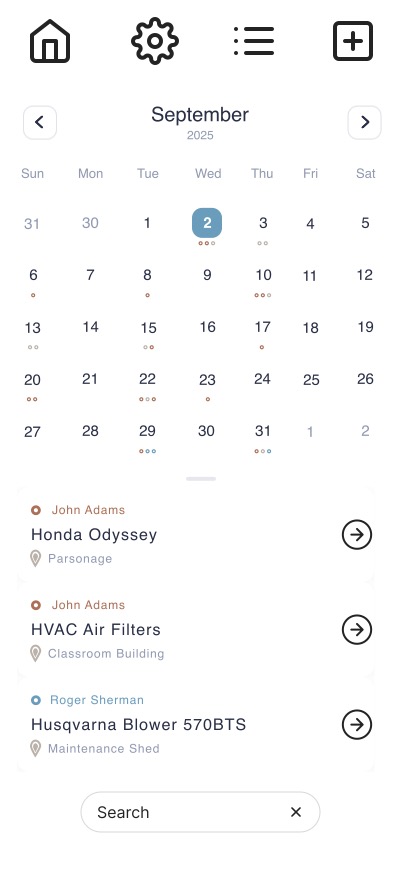 RMNDme calendar view showing upcoming maintenance events